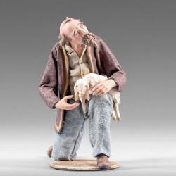 Picture of Kneeling Shepherd with Lamb 20 cm (7,9 inch) Rustika wooden Nativity in peasant style with fabric clothes