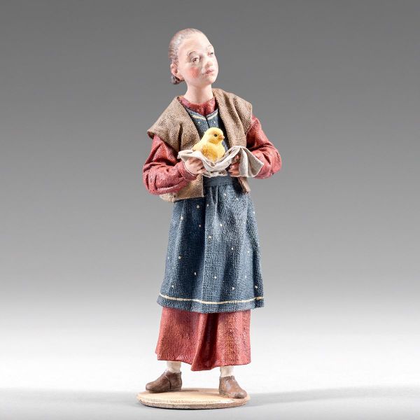 Imagen de Niña con Pollito Belén Rustika 20 cm madera rústico ropa de tela