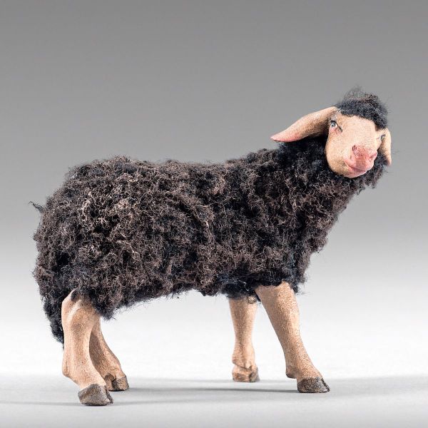 Imagen de Oveja con lana negra 12 cm (4,7 inch) Pesebre campesino Rustika de madera con trajes de tela