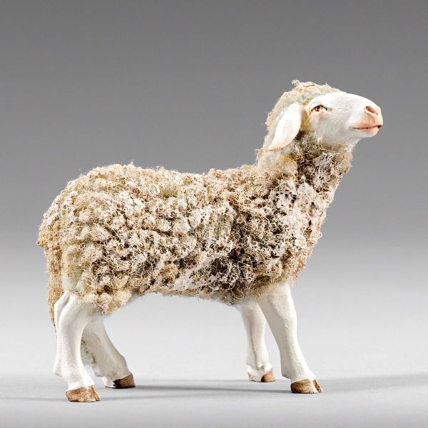 Immagine di Pecora con lana 14 cm (5,5 inch) Presepe contadino Rustika in legno con abiti in stoffa
