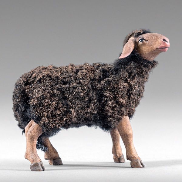 Imagen de Oveja con lana negra 12 cm (4,7 inch) Pesebre campesino Rustika de madera con trajes de tela