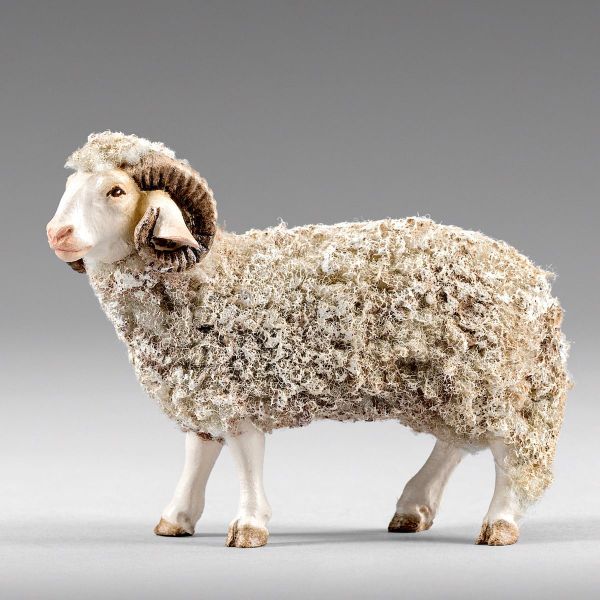 Imagen de Carnero con lana 12 cm (4,7 inch) Pesebre campesino Rustika de madera con trajes de tela