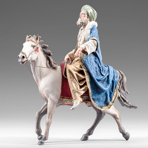 Immagine di Re Magio su Cavallo 30 cm (11,8 inch) Presepe contadino Rustika in legno con abiti in stoffa