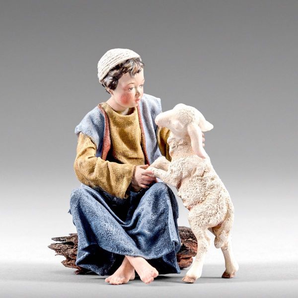 Picture of Boy with Lamb 10 cm (3,9 inch) Immanuel dressed Nativity Scene oriental style Val Gardena wood statue fabric clothes