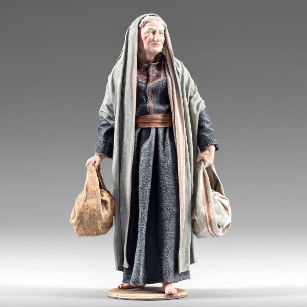 Picture of Old Woman 10 cm (3,9 inch) Immanuel dressed Nativity Scene oriental style Val Gardena wood statue fabric clothes
