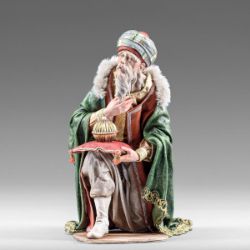 Immagine di Re Magio in ginocchio 10 cm (3,9 inch) Presepe vestito Immanuel stile orientale statua in legno Val Gardena abiti in stoffa