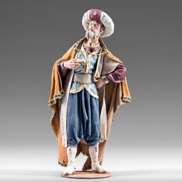 Immagine di Re Magio in piedi 10 cm (3,9 inch) Presepe vestito Immanuel stile orientale statua in legno Val Gardena abiti in stoffa
