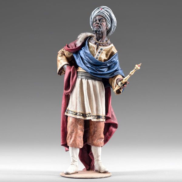 Imagen de Rey Mago Negro con Cetro 10 cm (3,9 inch) Pesebre vestido Immanuel estilo oriental estatua en madera Val Gardena trajes de tela
