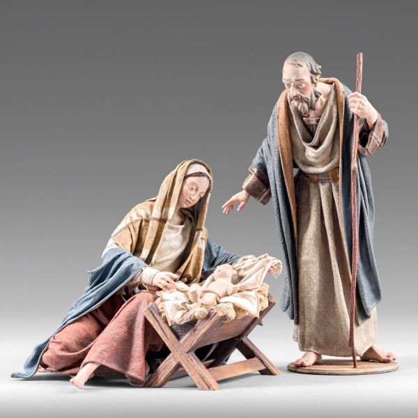 Immagine di Gruppo Sacra Famiglia Natività 01 10 cm (3,9 inch) Presepe vestito Immanuel stile orientale statue in legno Val Gardena abiti in stoffa