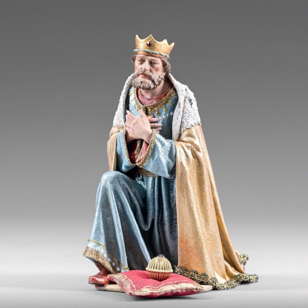 Picture of Caspar White Wise King kneeling cm 55 (21,7 inch) Immanuel dressed Nativity Scene oriental style Val Gardena wood statue fabric clothes