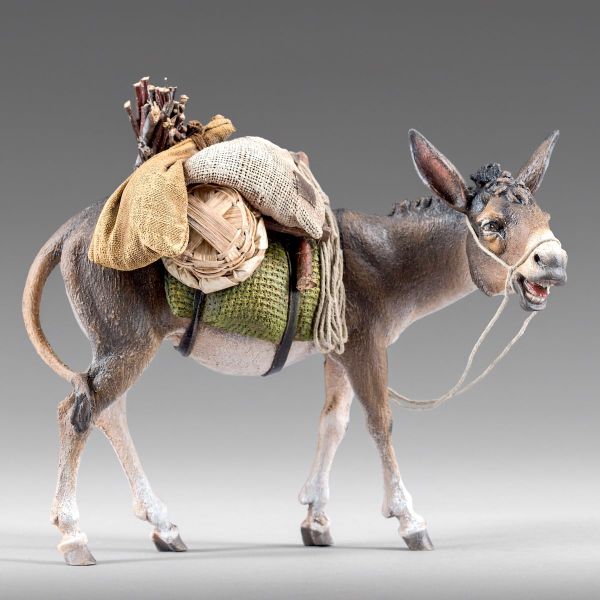 Picture of Donkey with bags looking to the right 12 cm (4,7 inch) Immanuel dressed Nativity Scene oriental style Val Gardena wood statue
