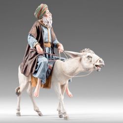 Picture of Elderly Shepherd on donkey cm 12 (4,7 inch) Immanuel dressed Nativity Scene oriental style Val Gardena wood statue fabric clothes