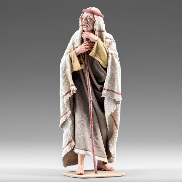 Picture of Standing Shepherd with stick cm 12 (4,7 inch) Immanuel dressed Nativity Scene oriental style Val Gardena wood statue fabric clothes
