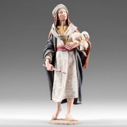 Immagine di Pastore con Agnello in braccio 14 cm (5,5 inch) Presepe vestito Immanuel stile orientale statua in legno Val Gardena abiti in stoffa