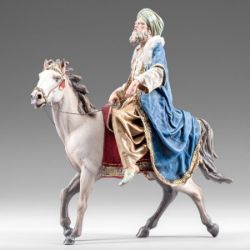 Imagen de Rey Mago a caballo cm 14 (5,5 inch) Pesebre vestido Immanuel estilo oriental estatua en madera Val Gardena trajes de tela