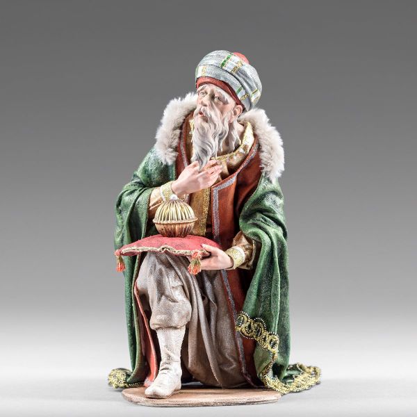 Immagine di Re Magio in ginocchio 14 cm (5,5 inch) Presepe vestito Immanuel stile orientale statua in legno Val Gardena abiti in stoffa