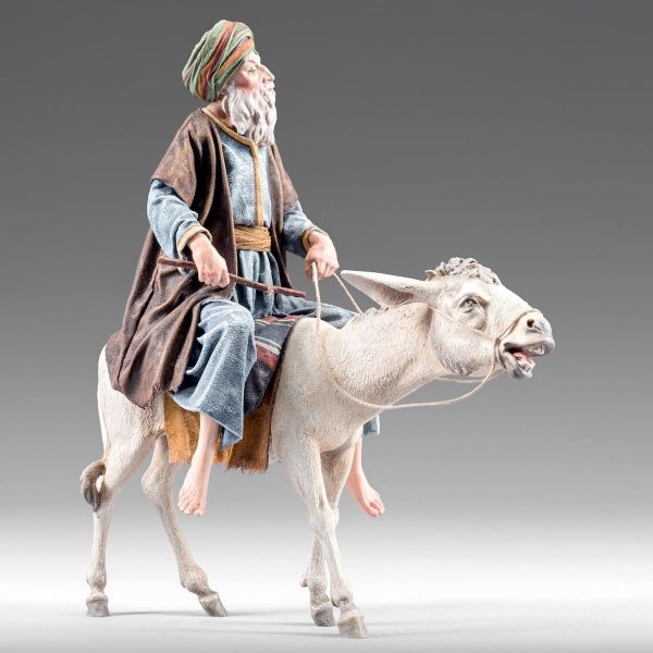 Picture of Elderly Shepherd on donkey cm 40 (15,7 inch) Immanuel dressed Nativity Scene oriental style Val Gardena wood statue fabric clothes