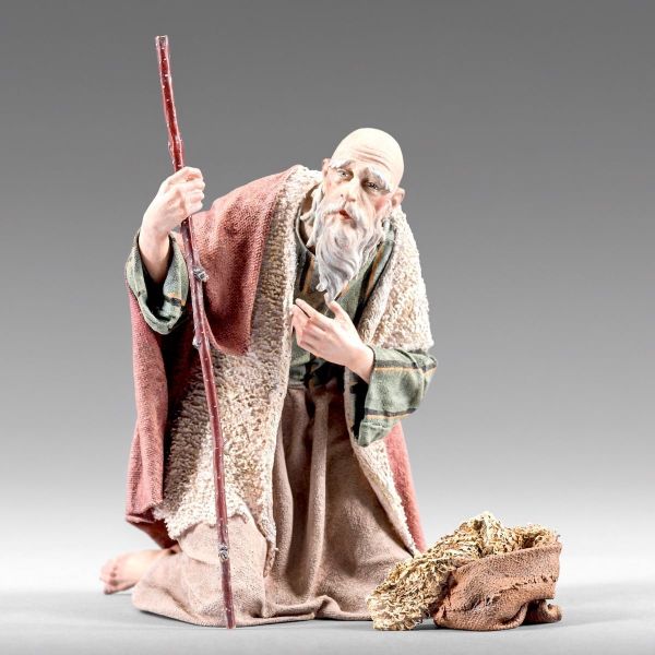 Imagen de Pastor arrodillado 40 cm (15,7 inch) Pesebre vestido Immanuel estilo oriental estatua en madera Val Gardena trajes de tela