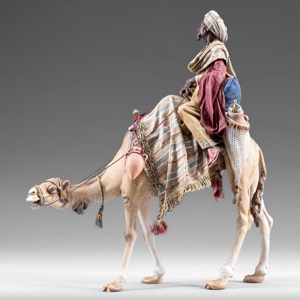 Imagen de Baltasar Rey Mago Negro en Camello cm 40 (15,7 inch) Pesebre vestido Immanuel estilo oriental estatua en madera Val Gardena trajes de tela