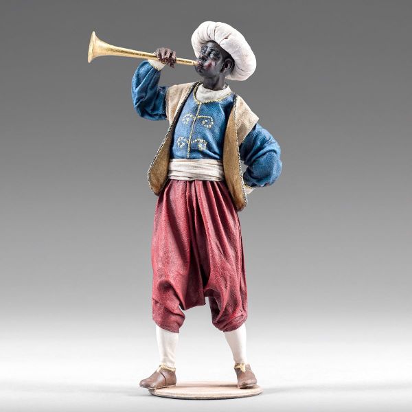 Picture of Servant of the Three Kings with trumpet cm 30 (11,8 inch) Immanuel dressed Nativity Scene oriental style Val Gardena wood statue fabric clothes