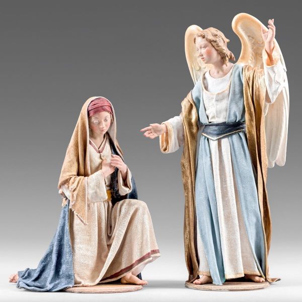 Picture of Annunciation to Mary 12 cm (4,7 inch) Immanuel dressed Nativity Scene oriental style Val Gardena wood statues fabric clothes