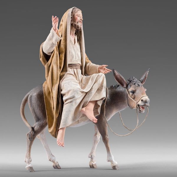 Picture of Jesus on donkey 30 cm (11,8 inch) Immanuel dressed Nativity Scene oriental style Val Gardena wood statues fabric clothes