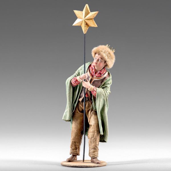 Picture of Little Cantor with Star 12 cm (4,7 inch) Rustika wooden Nativity in peasant style with fabric clothes