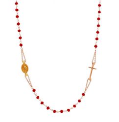 Immagine di Collana Rosario girocollo Argento 925 con Medaglia Madonna Miracolosa e Croce con cristalli rossi da Donna e Bimba
