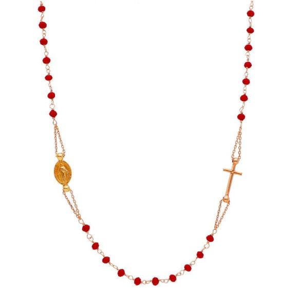 Imagen de Collar Rosario con Medalla Nuestra Señora Milagrosa y Cruz cuentas de cristal Rojos para Mujer y Niña