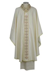 Picture of Banded Collar Gothic Chasuble in Wool and Moiré Silk with Cross Embroidery and Light Dots by Chorus - Ivory Red Green Purple 