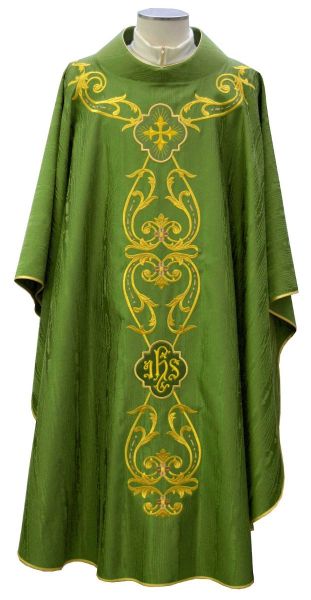 Picture of Round Collar Gothic Chasuble in Wool and Moiré Silk with JHS and Fleury Cross Embroidery by Chorus - Ivory Red Green Purple 