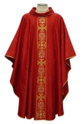 Picture of Round Collar Chasuble in Wool and Moiré Silk with Fantasy and Flowers Embroidery by Chorus - Ivory Red Green Purple 