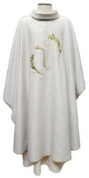 Picture of Ring Collar Liturgical Chasuble in Hemp and Linen with Olive Branches and Tau Embroidery by Chorus - Natural Ecru