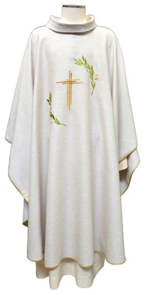 Picture of Ring Collar Liturgical Chasuble in Hemp and Linen with Olive Branches and Stylized Cross Embroidery by Chorus - Natural Ecru