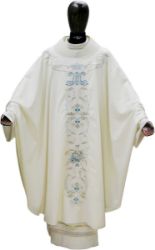 Picture of Round Collar Marian Chasuble in pure Wool with Crown Flowers and “M” Embroidery by Chorus - White