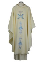 Picture of Round Collar Marian Chasuble in Terital with Roses and “M” Embroidery by Chorus - White 