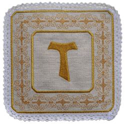 Picture of Liturgical Square Chalice Cover Pall in Hemp and Linen with Lace and Tau Embroidery by Chorus - Natural Ecru