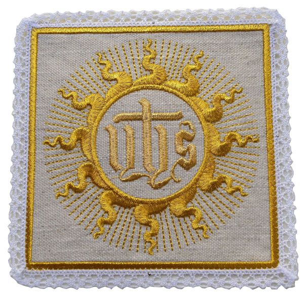 Picture of Liturgical Square Chalice Cover Pall in Hemp and Linen with Lace and IHS St. Bernardine Embroidery by Chorus - Natural Ecru