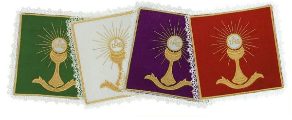Picture of Satin Silk Square Chalice Cover Pall with Lace and Monstrance Embroidery by Chorus - White Red Green Purple