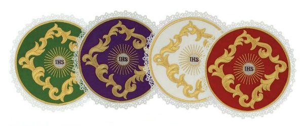 Picture of Satin Silk Round Chalice Cover Pall with Lace and IHS & Host Embroidery by Chorus - White Red Green Purple