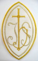 Picture of Oval Embroidered IHS Cross Applique 4,7x7,5 inch in Satin fabric by Chorus - White Red Green Purple