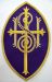 Picture of Oval Embroidered IHS Cross Applique 7,5x12 inch in Satin fabric by Chorus - White Red Green Purple