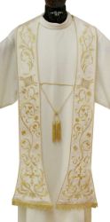Picture of Priest Roman Stole in Wool and Moiré Silk with Tassel and Fleury Cross and Floral Embroidery by Chorus - Ivory Red Green Purple 