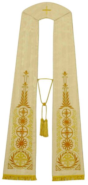 Picture of Priest Roman Stole in Wool and Moiré Silk with Tassel and Alpha Omega Embroidery by Chorus - Ivory Red Green Purple 