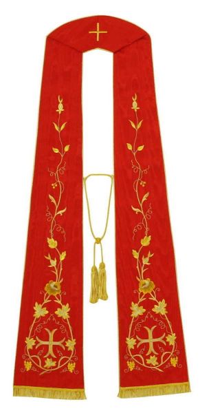Picture of Priest Roman Stole in Wool and Moiré Silk with Tassel and Cross Roses and Grapes Embroidery by Chorus - Ivory Red Green Purple 