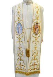 Picture of CUSTOMIZED Priest Roman Stole in Wool and Moiré Silk with Tassel, Embroidery and 2 custom Images by Chorus - Ivory Red Green Purple