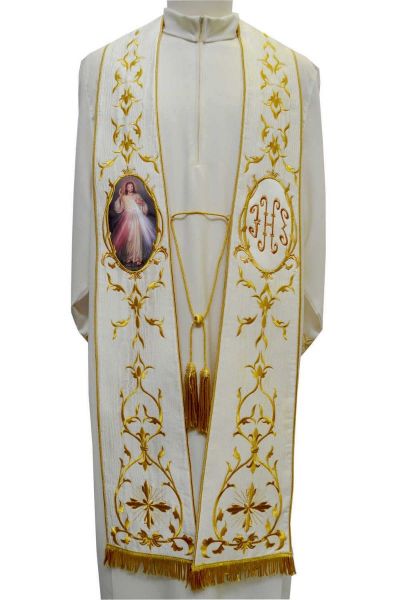 Picture of CUSTOMIZED Priest Roman Stole in Wool and Moiré Silk with Tassel, IHS Embroidery and 1 custom Image by Chorus - Ivory Red Green Purple 