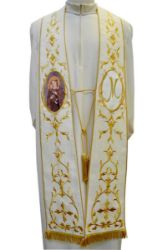 Picture of CUSTOMIZED Priest Roman Marian Stole in in Wool and Moiré Silk with Tassel and “M” Embroidery and 1 custom image by Chorus - White 