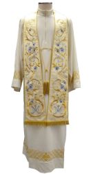 Picture of Priest Roman Marian Stole in Wool and Moiré Silk with Tassel “M” Emblem rich Floral Embroidery and Light Dots by Chorus - White