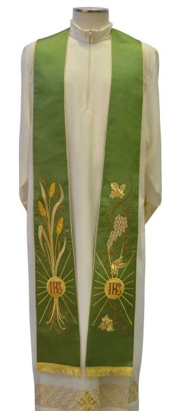 Picture of Silk Satin Priest / Deacon Stole with IHS and Wheat Embroidery by Chorus - Ivory Red Green Purple 